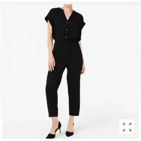 ew J Crew Size Large Black Cuffed Camp Shirt Jumpsuit Womens Button Pockets - Picture 2 of 10